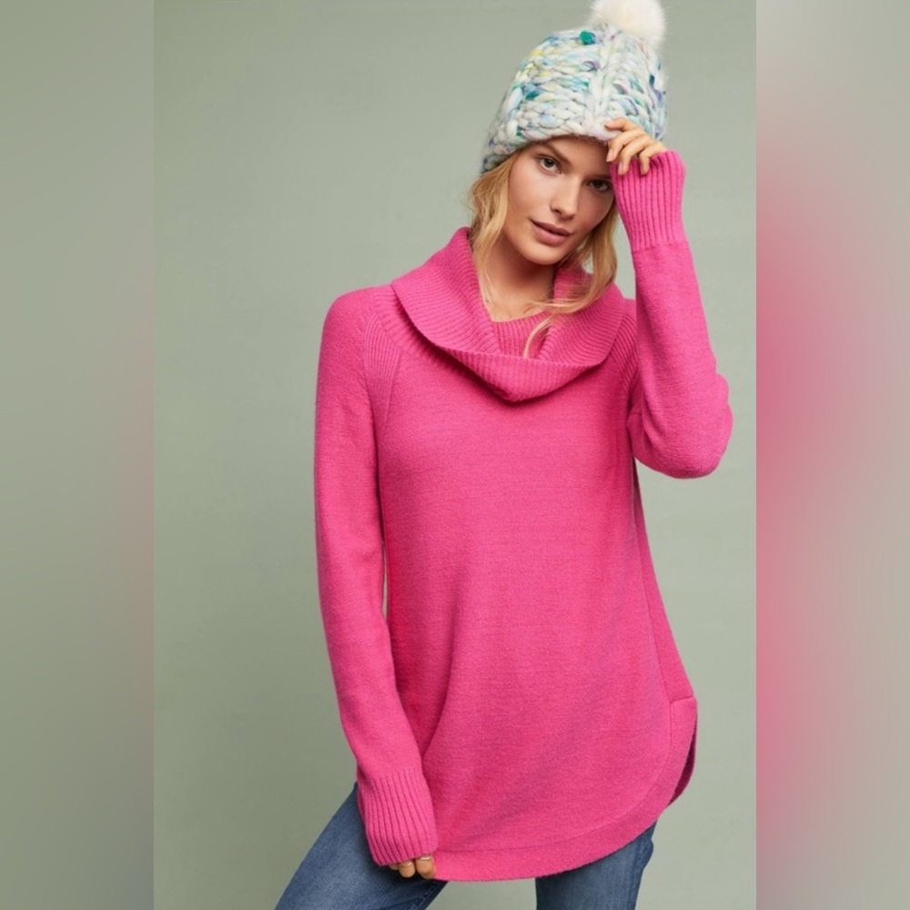 Anthropologie Moth Size XS Sweater Brenta Cowl Neck Tunic Bright Pink Knit Top